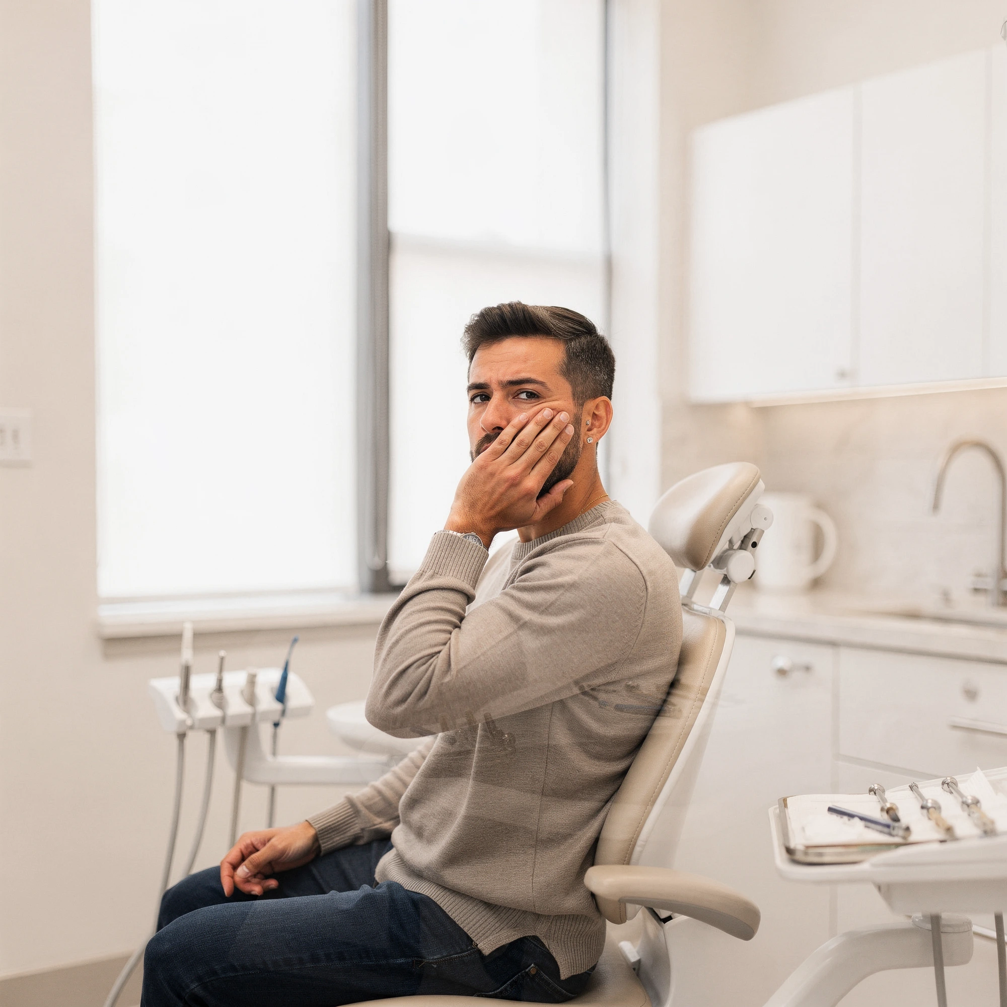 Man in dental chair holding his cheek in discomfort during emergency dental visit